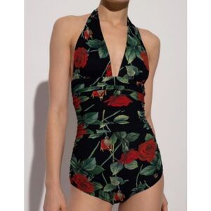 New!!!Dolce & Gabbana Black Swimsuit with Red and Green Floral Design